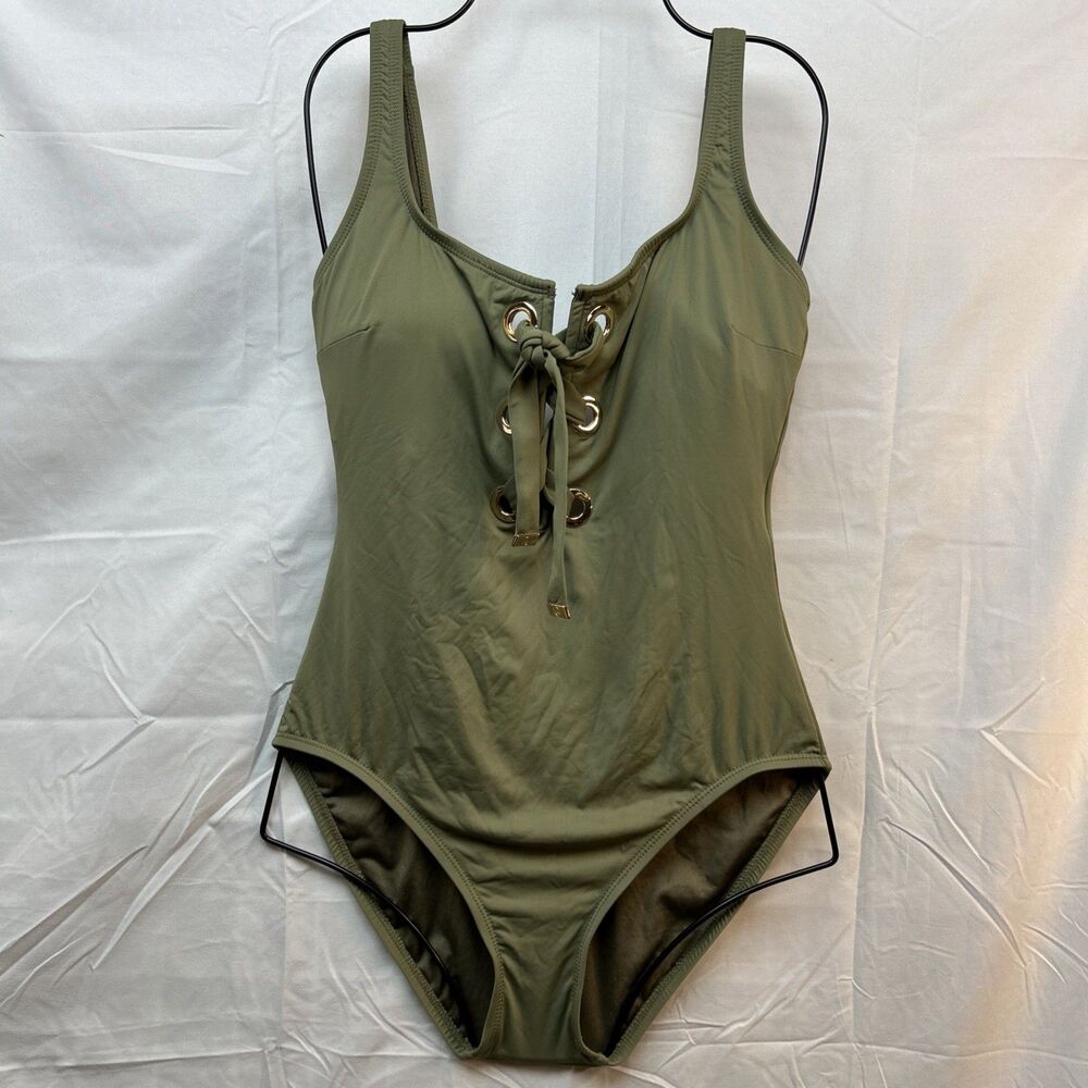 Michael Kors Womens 10 Safari Olive Green Lace Up Grommet One-Piece Swimsuit